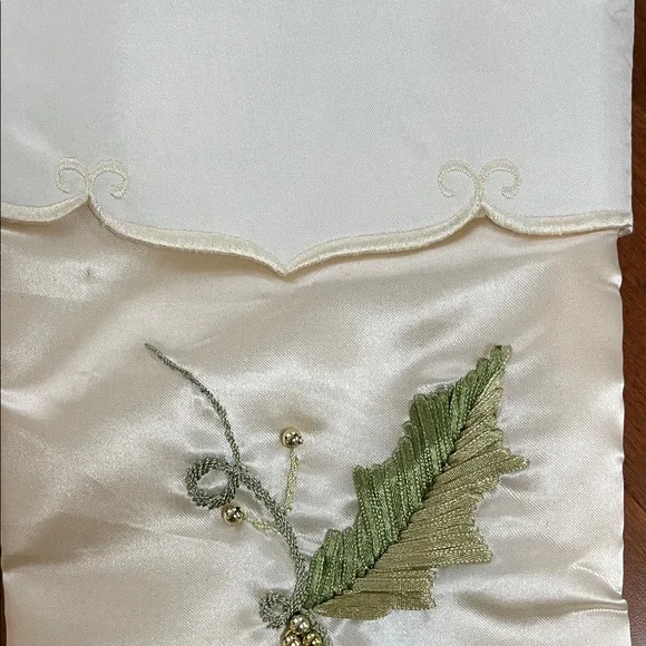 Vintage Martha Stewart Satin Cream Stocking with Green Holly Embroidery - Picture 3 of 4